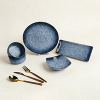 Assiettes et bols ronds en céramique pleine de style japonais, ensembles de vaisselle en porcelaine, assiettes plates vintage bleues – Vente en gros usine
