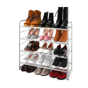 4层可堆叠鞋架可扩展可调鞋架储物架金属丝网格银竹鞋架