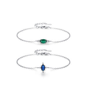 Pulsera de Cadena Ovalada de Plata de Ley S925 con Circonitas en Colores Verde Oscuro y Azul, Exclusivamente para Mujeres, Versión de Cobre Personalizable - Product Image 1