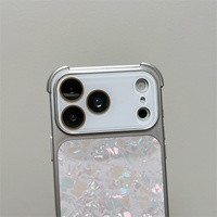 Funda de Teléfono Original Convertida de Concha Marina para iPhone 17 16 15 Pro Max, Marco de Lente con Efecto Láser Mármol, Cubierta Trasera con Textura Iridiscente de Concha