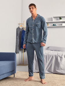 <strong>Men's</strong> Cotton Blend <strong>Pajamas</strong> Two Piece Top Pocket Long Sleeves Long Pants Home Clothes Pyjamas Pour Hommes <strong>Men's</strong> Sleepwear - Product Image 3