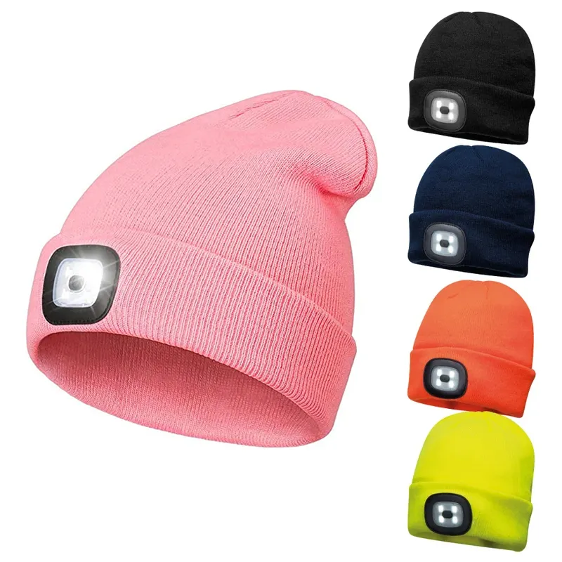 Topi kupluk Led dengan lampu, topi rajut USB dapat diisi ulang, topi Beanie lampu malam LED dengan lampu