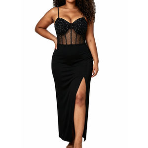 Robe longue moulante LANQIN à fente haute, strass, dentelle, col en V, bretelles spaghetti, baleinée, avec soutien-gorge intégré, lavable - Product Image 3