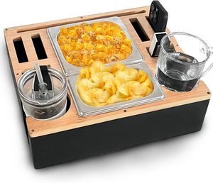 Caddy de consola lacada para artículos diversos, bandeja de consola de sofá de madera de bambú moderna con dos bandejas para aperitivos - Product Image 1
