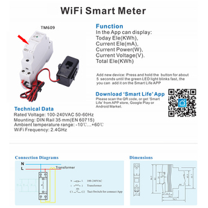 SINOTIMER-Medidor inteligente de energía, voltaje y <span class=keywords><strong>kWh</strong></span> en tiempo real, riel DIN, sensor CT y aplicación de vida inteligente, 100-240V CA, - Product Image 3