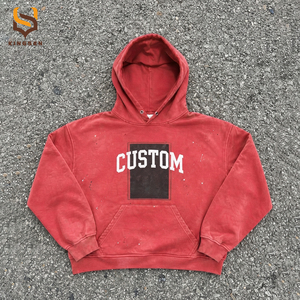 Sweat à capuche rouge vintage personnalisé, effet délavé, éclaboussures de peinture, déchiré, épais, coupe oversize, style streetwear pour homme - Product Image 1