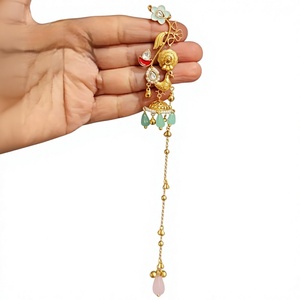 Glamorous Gold Plated Vintage Tassel Drop <b>Earrings</b> With Jade Beads For Women Party Wear Collection - Product Image 2