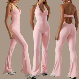 Hot Sale Women Workout Jumpsuit V-neck <b>Open</b> Back Tummy Control Flare Pants High Elastic Yoga Pilates Four-Way Stretch - Product Image 3