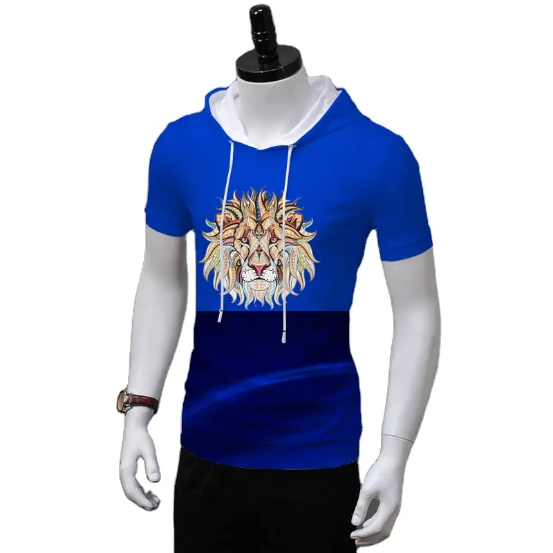 Sommer Neues kurz ärmel iges, blau bedrucktes Sonnenschutz-T-Shirt mit Kapuze für Männer