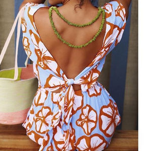 Mono de manga corta con estampado hawaiano, cintura ajustada, espalda descubierta, de rayón de alta calidad y pierna ancha, fabricado en fábrica. - Product Image 4