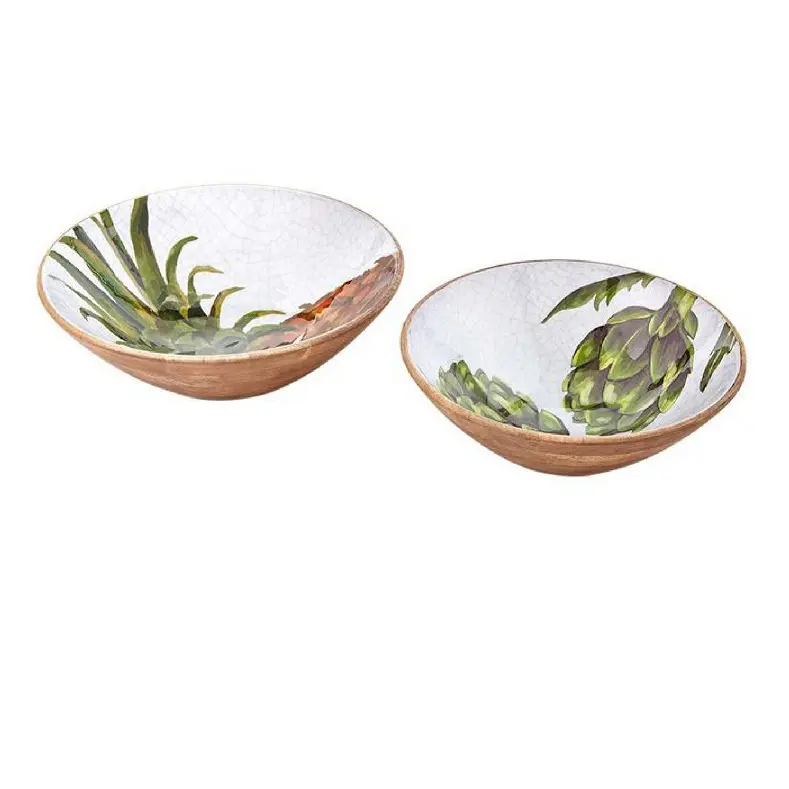 Set of Two Wooden Bowls Excellent Quality Kitchenware Sticker Enamel Printed Dessert Serving Wooden Round Bowl by TIHAMI INC
