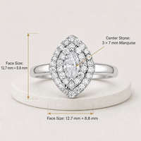 Bague Marquise pour Femme, Délicate, Double Halo, Moissanites, Plaqué Platine, Argent Sterling S925, Sertissage à la Cire, Hypoallergénique, Idéale pour les Fêtes