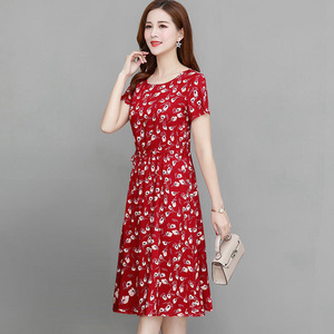 Spring Summer Women Floral <b>Dress</b> <b>Elastic</b> Waist O Neck Loose Fit Breathable Daily Wear Casual <b>Dress</b> For Middle Aged Mothers - Product Image 3