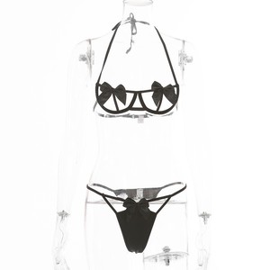 Conjunto de lencería de dos piezas con sujetador transparente con lazo y bragas con cuello halter, estilo europeo y americano, con encaje sexy que revela suavemente la figura. - Product Image 2