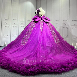 Robe de Quinceañera Lsmu186 violette à col licou, sans manches, style princesse à volants avec nœud, Jancember - Product Image 2