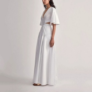2023 Plain Ladies Summer Clothing V Neck Show Back Waist Pure <strong>White</strong> <strong>Maxi</strong> Pleated Elegant Gentle Women's Dress - Product Image 3