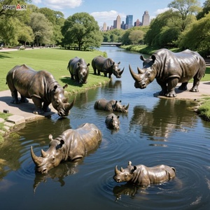 Personalizado al Aire Libre Parque de la ciudad decoración pública moderna grande fundición de bronce Animal escultura tamaño real rinocerontes familia estatua de bronce - Product Image 4