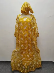 L7632 Vêtements pour femmes africaines Dashiki Abaya Robes longues de soirée élégantes et amples + Jupe intérieure et écharpe 3 tailles libres - Product Image 4