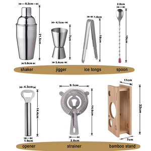 Juego de Coctelera de Acero Inoxidable de 6 Piezas y 550 ml con Colador, Jigger, Cuchara Mezcladora, Abridor y Soporte de Bambú - Product Image 1