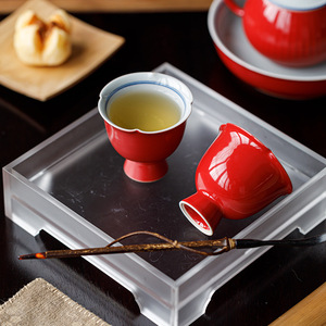 Guanlan Hand Painted Double Line Stem Master Cup Ceramic Kung Fu <b>Tea</b> <b>Set</b> Red Glaze High Footed Sunflower Shape Individual Cup - Product Image 4