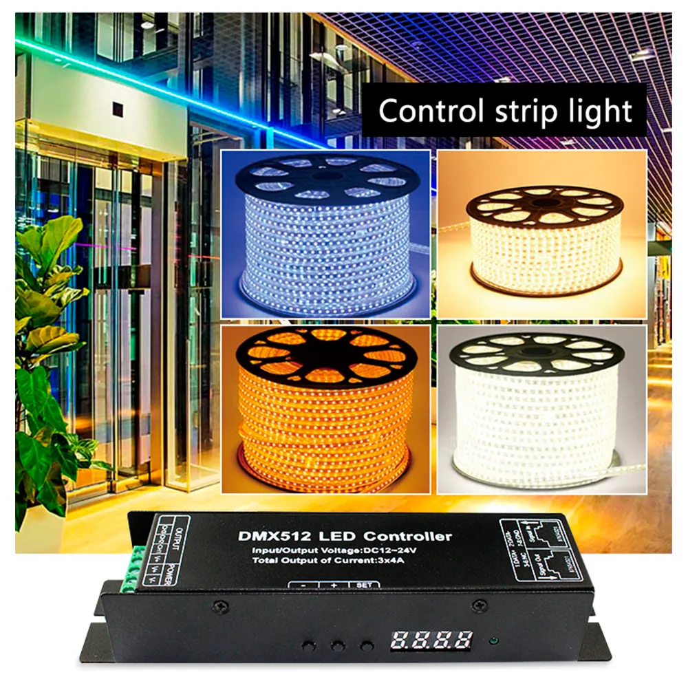 Venta caliente DC5V 12V 24V 3 canales 4A DJ disco light RJ45 DMX controlador de iluminación DMX512 controlador