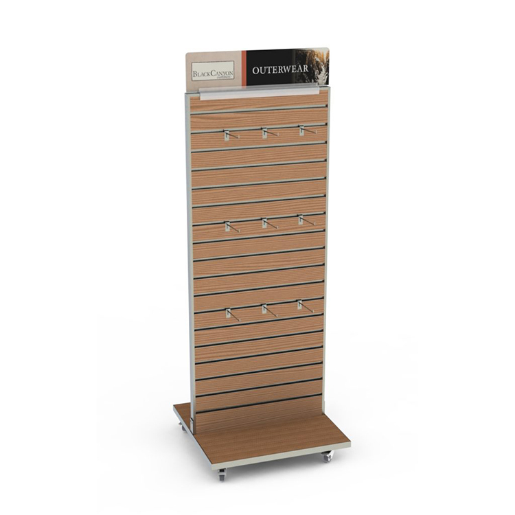 Double Sided Slatwall Metal Display Stand Casters Carton for Portable Floor Standing Unit for Outerwear Retail Department