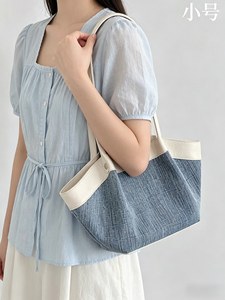 Nouveau sac fourre-tout décontracté pour femme en cuir de vachette véritable et denim, style coréen moderne et simple, avec empiècements contrastants et grande capacité, idéal pour l'été. - Product Image 3