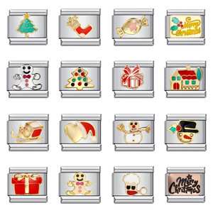 Breloques modulaires DIY en émail sur le thème de Noël (arbre, bonhomme de neige, pain d'épices, cadeau) pour bracelets italiens en acier inoxydable - Product Image 1