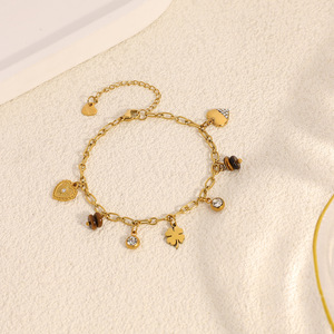European Style Gold Plated Charm <b>Bracelet</b> With Four Leaf <b>Clover</b> Heart Rhinestone Pendant For Women Gift Jewelry Autumn Winter - Product Image 3