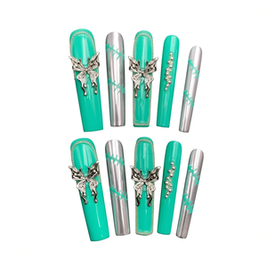 Uñas Postizas de Lujo, Diseño de Mariposa Verde, Acrílicas, con Pegamento Reutilizable para Aplicación en Dedos, 24 Piezas - Product Image 1