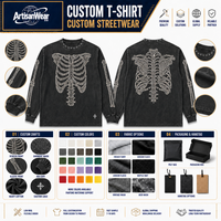 T-shirt personnalisé pour homme à manches longues, couleur anthracite délavé à l'acide, imprimé squelette thoracique, motif croix, col et manches à motif osseux, ODM