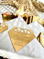 Invitation personnalisée en acrylique transparent/givré/miroir, découpe laser, estampage à chaud or/argent, impression UV, formes sur mesure, pour l'exportation