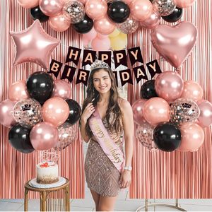 Kit d'arche de ballons en latex or rose avec couronne en feuille d'aluminium et bannière en papier Joyeux Anniversaire et rideau en feuille d'aluminium de 1*2m pour la décoration de fête - Product Image 2