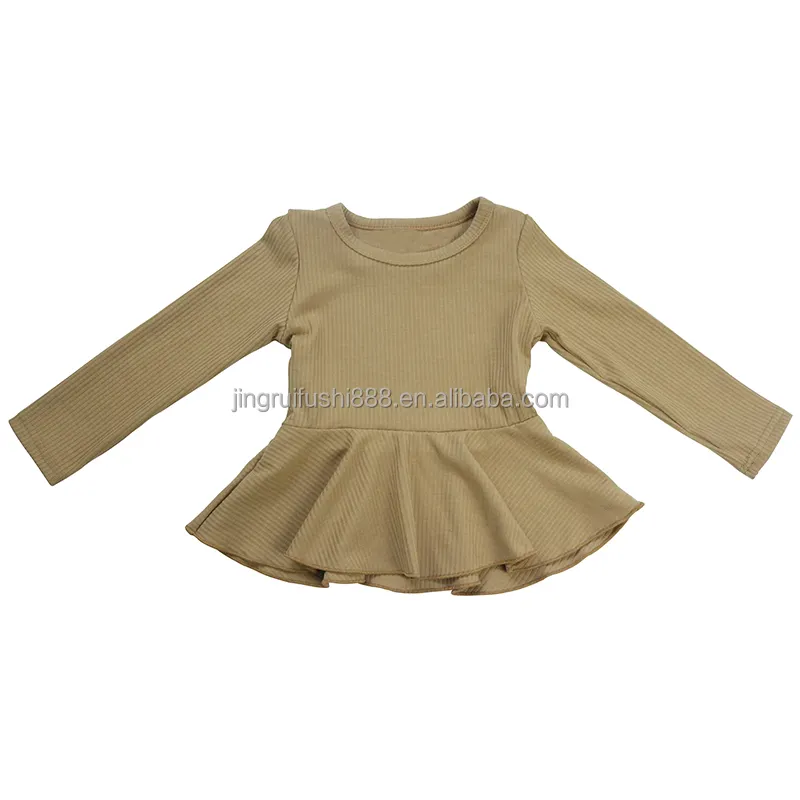 Wholesale Toddler Girls Long Sleeve Ruffles Tops Shirt Baby Girls Khaki Elastic Rib Knit Fabric Clothes