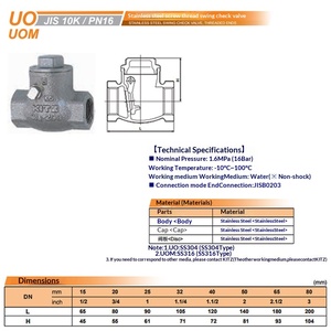<span class=keywords><strong>วาล์ว</strong></span>กันกลับแบบสวิงเกลียวเกลียวชนิดแมนนวล <span class=keywords><strong>KITZ</strong></span> Japan UO Type 304 สแตนเลส ขนาด 1/2"-2" 1.4MPa 120 สำหรับน้ำ น้ำมัน แก๊ส ท่ออุตสาหกรรม - Product Image 5