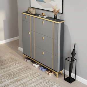 Mobiletto Portascarpe Sottile Scanalato per Ingresso, Bianco Crema, con Cassetti Ribaltabili, Organizzatore Salvaspazio per Corridoio con Dettagli Dorati - Product Image 1