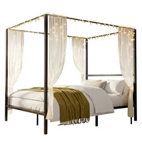 Lit à baldaquin moderne en métal pour chambre à coucher, lit plateforme à quatre poteaux, taille Queen, avec tête de lit intégrée, support à lattes métalliques robustes, sans sommier