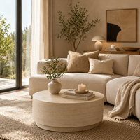 Table basse ronde cylindrique en travertin naturel et bois, style Wabi Sabi, sur mesure pour salon