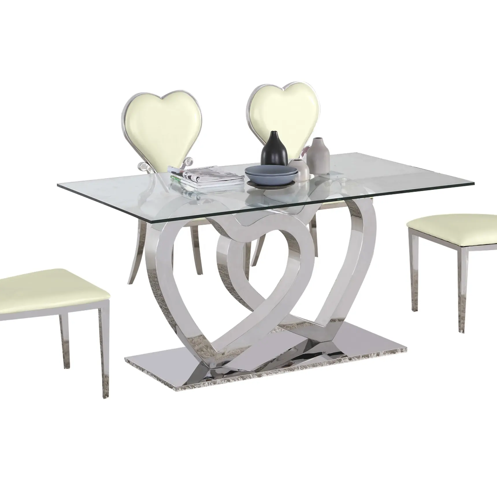 Mobili da sposa da tavolo a forma di cuore per sposi in vetro trasparente temperato in acciaio inossidabile dorato
