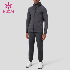 HUCAI OEM produttori di alta qualità nero Marl Zip attraverso gli uomini in pile logo personalizzato semplice sport Fitness Zip up felpe con cappuccio - Product Image 5