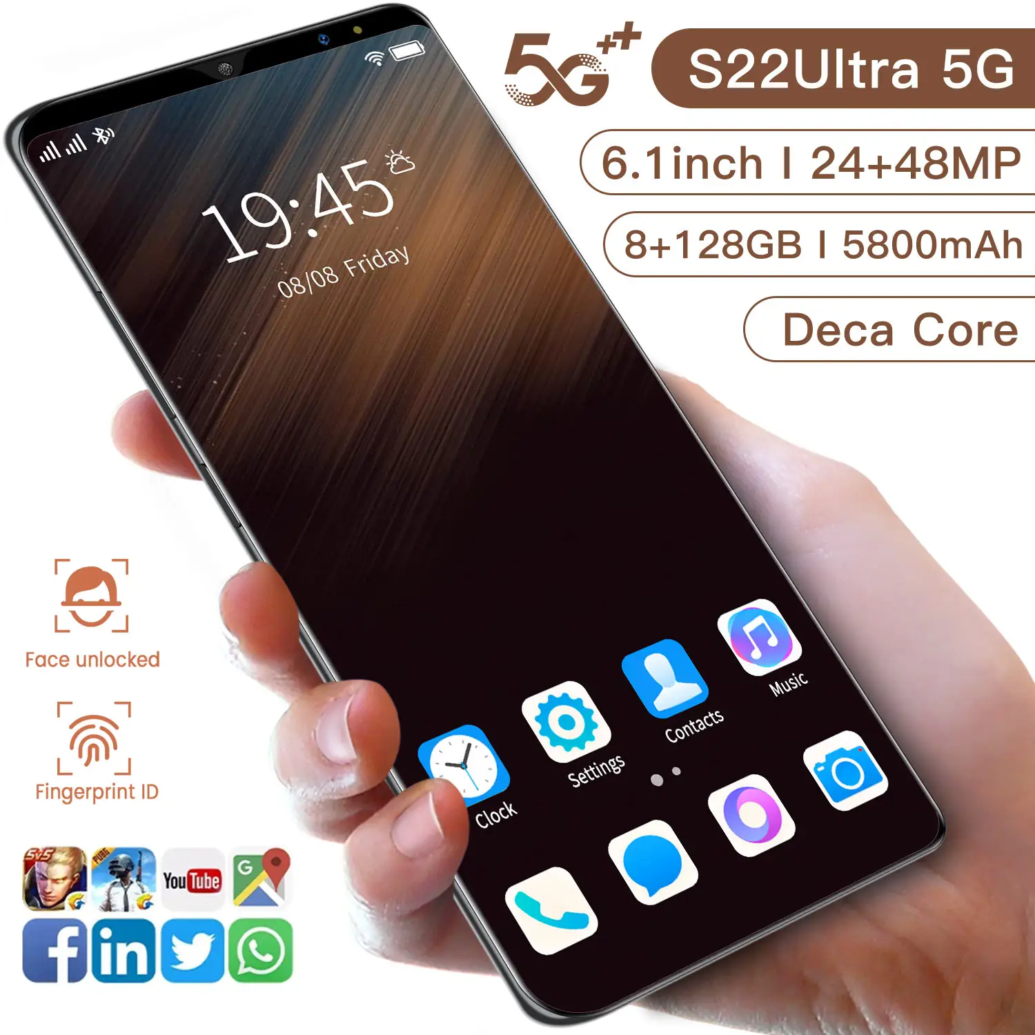 S22 Ultra 5G Fast Charging Smart phones Cheap 128GB Cell Phone Dual Sim 6.1 FHD Screen Android 11 Celular Unlocked Mobile Phone