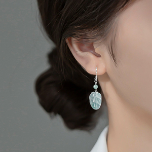 Natural genuine A-grade jadeite blue water leaf <b>earrings</b> S925 <b>silver</b> <b>set</b> with ice-grade jadeite <b>earrings</b> for women Ear pendants - Product Image 4