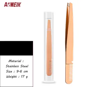 AWK Eco-friendly Private Label Stainless Steel Slant Tip Tweezers Eyebrow Pliers Eyebrow Tweezers With Comb