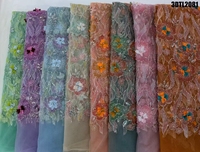 Nouvelle Tendance Philippines : Tissu en Dentelle 3D Fleurs Rose Pâle avec Perles pour Robe de Mariée, Dentelle Perlée et Paillettes en Maille pour Fête