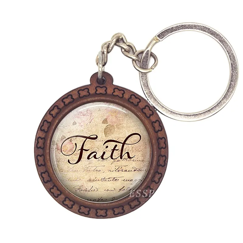 Faith Bible Verse Quoted Brown Wooden Keychain Vintage Glass Cabochon Pendant Key Ring Religious Jewelry Christian Gift