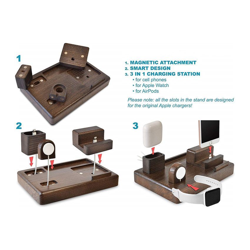 TESLYAR Station D'Accueil En Bois Pour Téléphone - Organiseur De Bureau Cadeau Homme, Père Ou Mari - Porte-clés Et Portefeuille
