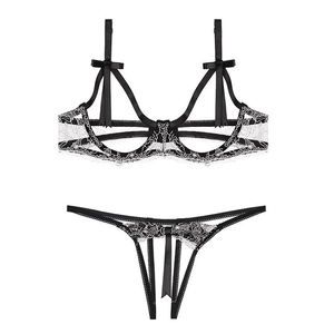 女性透视性感睡衣内衣套装蕾丝镂空文胸上衣无裆三角裤 - Product Image 4