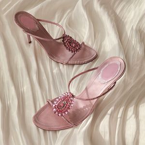Mules à talons hauts roses avec strass pour femme – Sandales élégantes à bout ouvert pour fêtes et mariages - Product Image 3