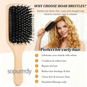 Custom Logo Hair <b>Brush</b> Comb Luxury Friendly Nourishing Daily Use Gentle Anti Static Boar Bristle <b>Wooden</b> Paddle Detangling <b>Brush</b> - Product Image 5