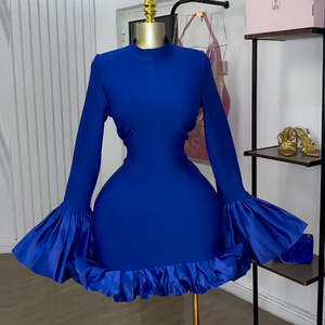 Abito a vita alta da donna con collo alto, <span class=keywords><strong>rosso</strong></span>, <span class=keywords><strong>midi</strong></span>, con volant, sexy e chic, per feste primaverili - Product Image 3